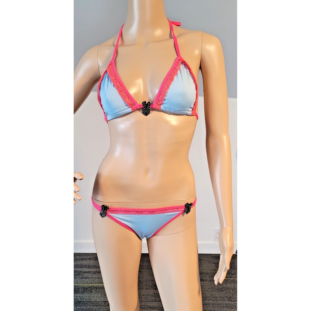 Woman Small Baby Blue Bikini Set Decorative Pink Lace and‎ Black Pokka dot Bows